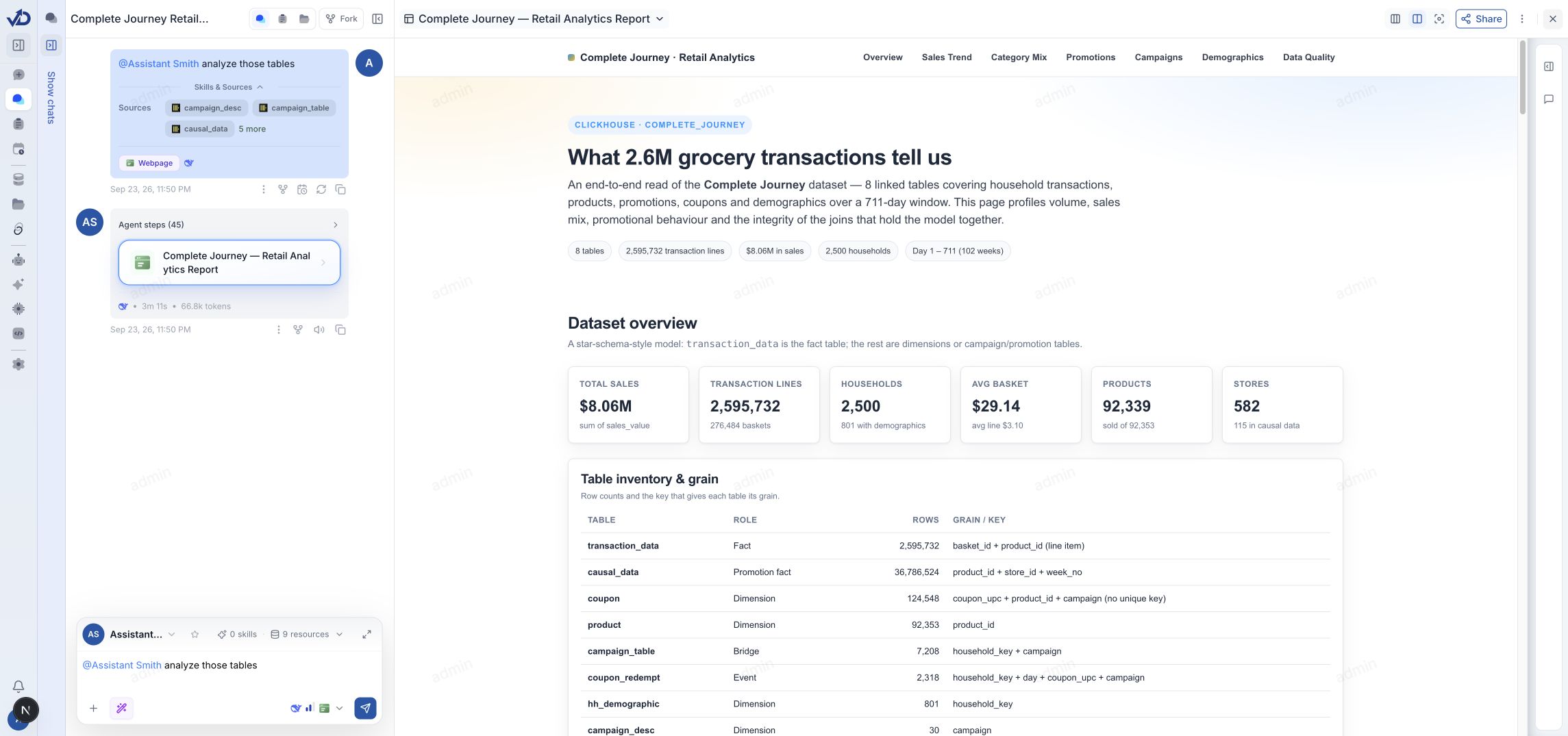 Full VibeDecision workspace: Actual retail report excerpt showing the dataset overview, six summary metrics and the scope of the analysis.